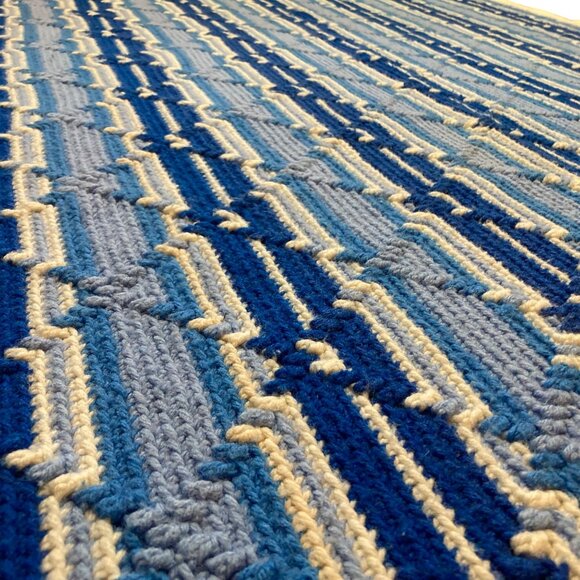 Handmade Blue & White Geometric Crochet Blanket With Fringes 43x74" Grannycore - Picture 7 of 10